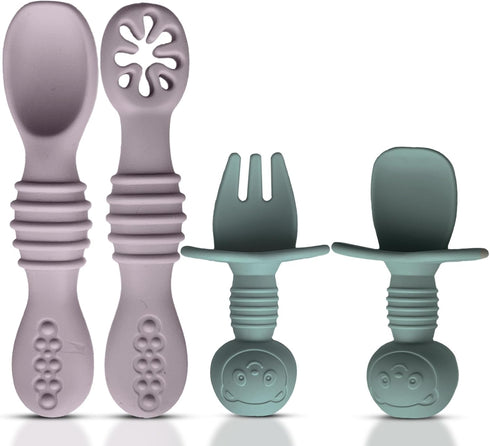 4pc Silicone Self Feeding Baby Utensils Set, 3 Baby Spoons and 1 Fork, BPA Free, Dishwasher Safe, Light Pink/Army Green