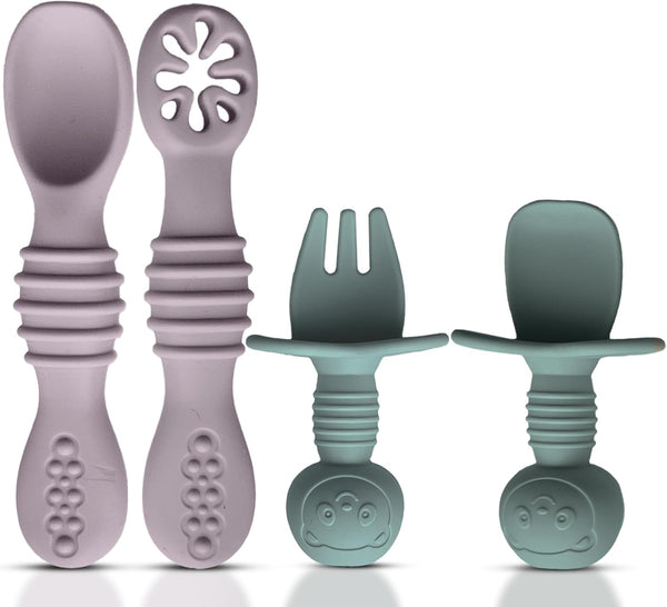 4pc Silicone Self Feeding Baby Utensils Set, 3 Baby Spoons and 1 Fork, BPA Free, Dishwasher Safe, Light Pink/Army Green