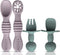 4pc Silicone Self Feeding Baby Utensils Set, 3 Baby Spoons and 1 Fork, BPA Free, Dishwasher Safe, Light Pink/Army Green