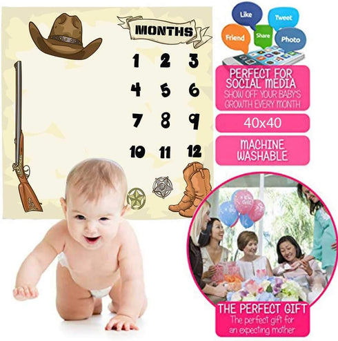 Cowboy Theme Baby Monthly Milestone Blanket, 48x40in Soft Flannel, Gun Boots Hats Nursery Blanket for Newborn