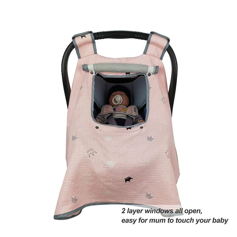 ICOPUCA Car Seat Covers for Babies, Muslin Carseat Cover Girls, Lightweight Canopy with Window (Pink Crown)