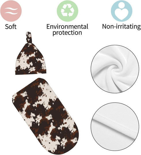 Valvphora Brown Cow Print Swaddle Blanket with Hat Receiving Blanket, Western Highland Cow Baby Items Stuff for Girls