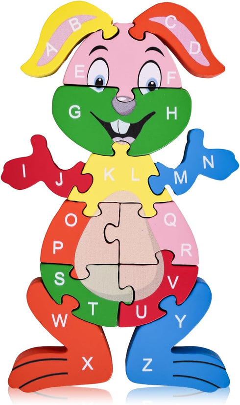 LovesTown Rabbit Wooden Puzzles, 26PCS Alphabet and Number Building Blocks Jigsaw Puzzle for Kids Preschool