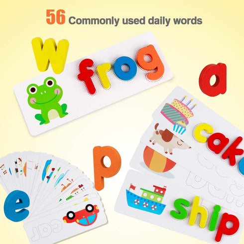 Coogam Read Spelling Learning Toy, Wooden Alphabet Flash Cards Matching Game for Preschool Educational Tool Set
