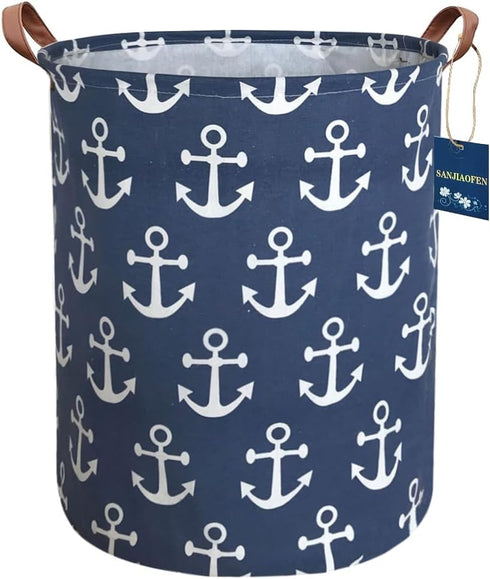 Kids Hamper, Collapsible Waterproof Laundry Baskets with Leather Handle, Nautical Decor, Toy Organizer (Navy Blue