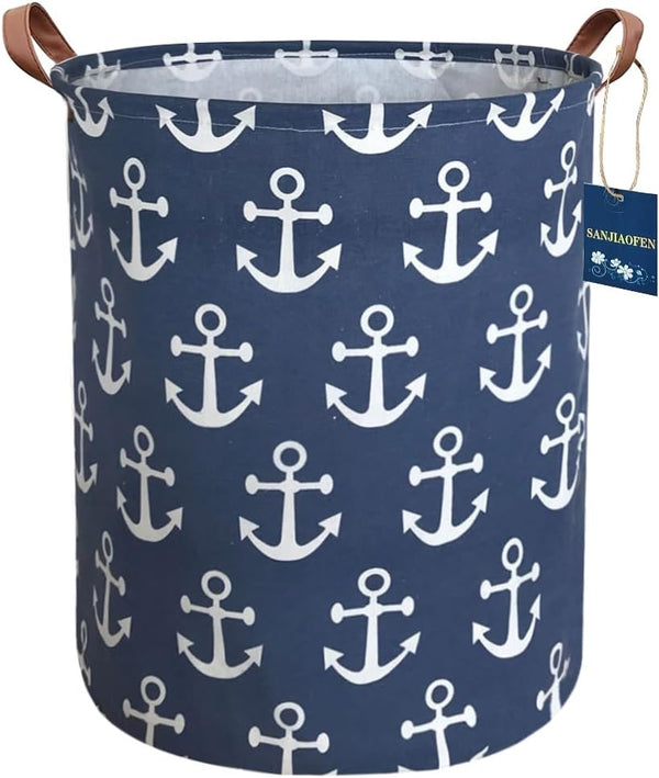Kids Hamper, Collapsible Waterproof Laundry Baskets with Leather Handle, Nautical Decor, Toy Organizer (Navy Blue