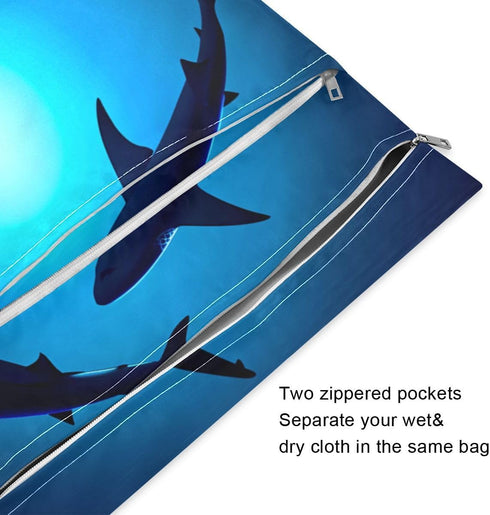 Qilmy 2pcs Sea Shark Wet Dry Bag Waterproof Reusable Baby Cloth Diaper Organizer for Travel, Beach, Stroller, Diapers
