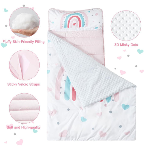 PHF Toddler Nap Mat with Removable Pillow and Minky Fleece Blanket, 50"x20"x2" Rollup Design for Kids