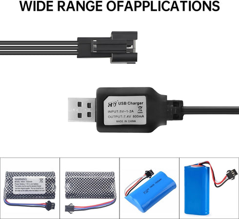 2PCS 7.4V 800mh USB Charging Cable with SM-3P Plug for RC Excavator, Truck, Tank, Huina 1575 RC Engineering Vehicle
