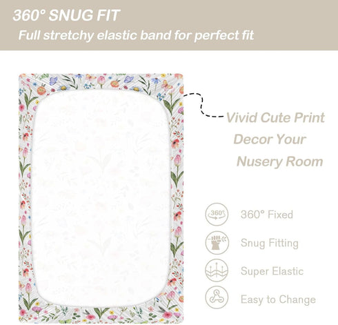 CaTaKu Crib,27"x 39" Baby Crib Sheets Tulip Wildflower Butterflies Mini Crib Sheets Fitted for Girls Boys,Neutral Soft