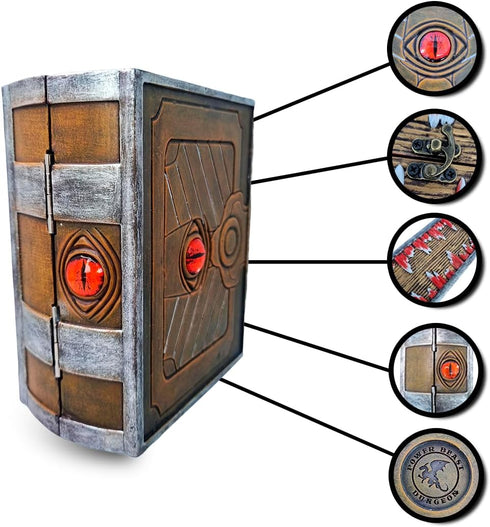 Power Beast Dungeon Mimic Book Dice Storage Box with 2 Glass Eyes, D&D Accessories, Holds 7 Sets of Polyhedral Dice