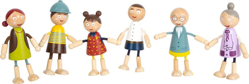 6-Piece Set Small Foot Wooden Bending Doll Family - Poseable Dollhouse Figures - Flexible Wooden Dolls with Bendable