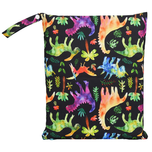 Sigzagor Wet Dry Bag Baby Cloth Diaper Nappy Reusable Washable With Two Zippered Pockets (Dinosaurs Coconut Trees)