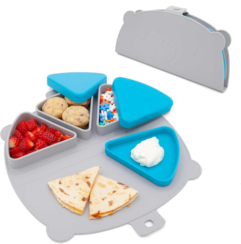 Silicone On-The-Go Snack Mat Foldable Reusable Placemat with 3 Compartments and Lids