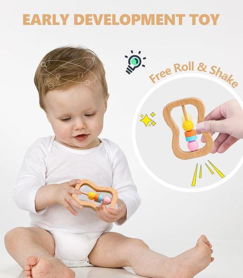 4 PCS Wooden Baby Rattle Set, Organic Colorful Rattles for Babies 0-12 Months, Wooden Teether Crochet Toy