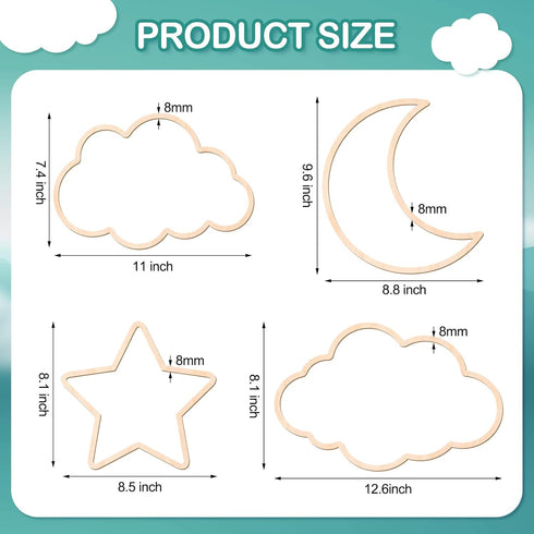Kathfly4 Pieces Boho Nursery Cloud Star Wall Decor Wooden Babyroom Moon Rattan Wall Decor Wooden Rainbow for Children