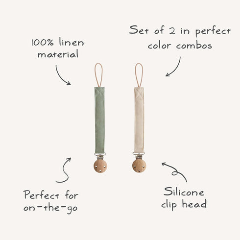 2-Pack mushie Linen Baby Pacifier Clip Holder | Soft Fabric Strap, (Olive/Shifting Sand)