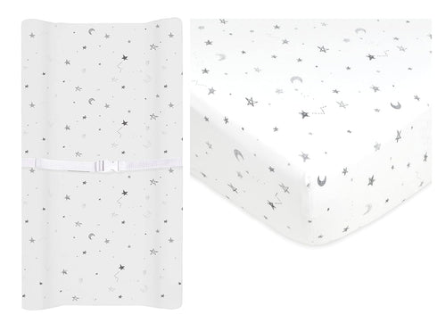 American Baby Company Crib Bedding Bundle Set, Gray Star, 100% Cotton Fitted Crib Sheet & Changing Table Pad Cover