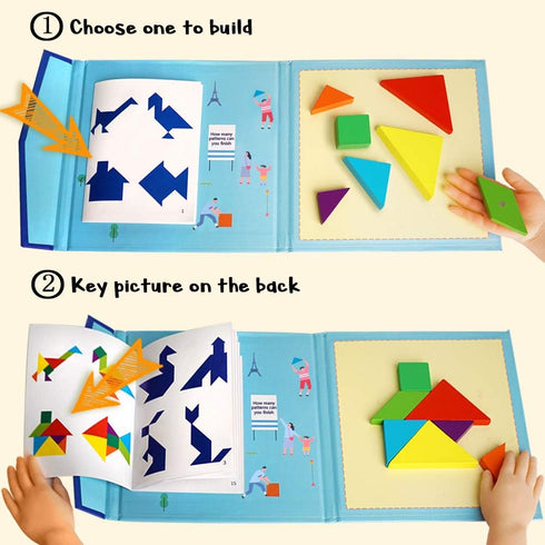 BEESTECH Wooden Tangram Puzzle Book, Travel Games for Kids, Educational Learning Puzzles Toys for Boys and Girls 3-8