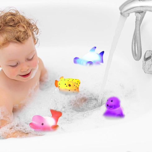 Bath Toys, 12 Pcs Light Up Ocean Sea Animal Set, Flashing LED Floating Bathtub Toys for Baby and Toddler
