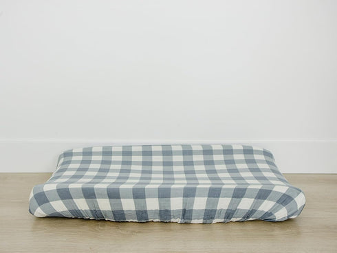 100% Mebie Baby Changing Pad Cover, Dusty Blue Gingham, Muslin Cotton Changing Table Pad Cover for Boy and Girl