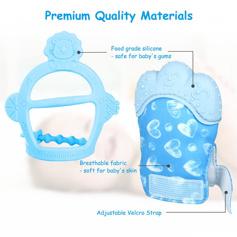 Vicloon 2Pcs 0-6 Silicone Teething Mitt, Baby Teething Mitten with Adjustable Strap, Crinkle Sound and Textured, Self