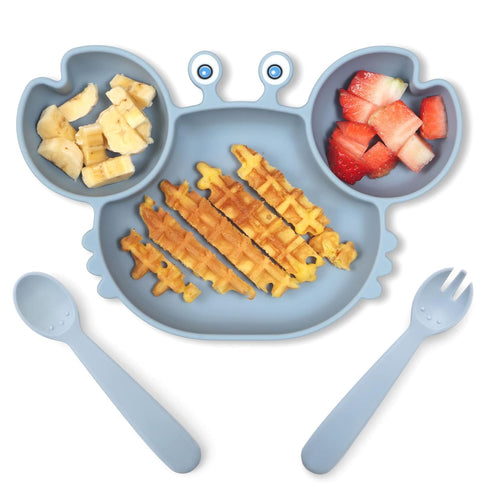 ROCCED Suction Plates for Baby, Silicone Divided Plates with Spoon Fork Set for Toddler Dishes (Crab Dusty Blue)