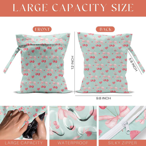 VBCVBGFH 4 Pack Cute Bow Cherry Wet Bag Waterproof Washable Reusable Wet Dry Bag for Swimsuit Dirty Clothes Soiled