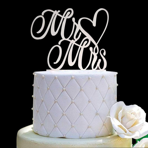 Mr and Mrs Cake Topper, Bride and Groom Sign for Wedding Engagement Cake Decorations (Mirror Silver Acrylic)