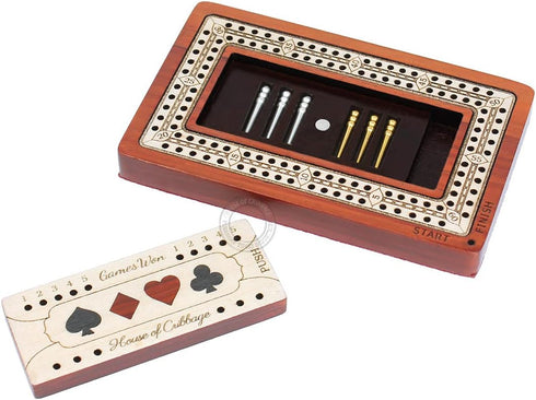House of Cribbage 2 4 Inch 60 - Track - Wooden Travel/Pocket Size Cribbage Board - - Inlaid in Bloodwood/Maple Wood