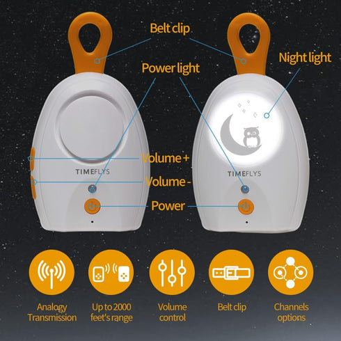 TimeFlys 2000 Audio Baby Monitor Paladin Upgrade Version, Portable, Rechargeable, Extra Long Range up to ft, Night