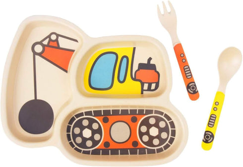 Kid Plate Set Bamboo Toddler Dinnerware, Spill Proof Divided Plate with Baby Spoon and Fork 3-Piece Set for Kids