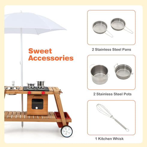 Playset Costzon Mud Kitchen with Removable Umbrella, Wooden Play Kitchen with Wheels, Sink, Accessories, Toddler
