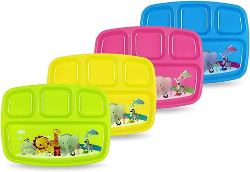 Toddler Plates With Dividers - Set of 4 Kids Dinner Plates, Brightly Colored Divided Tray, BPA Free, Fun Zoo Design