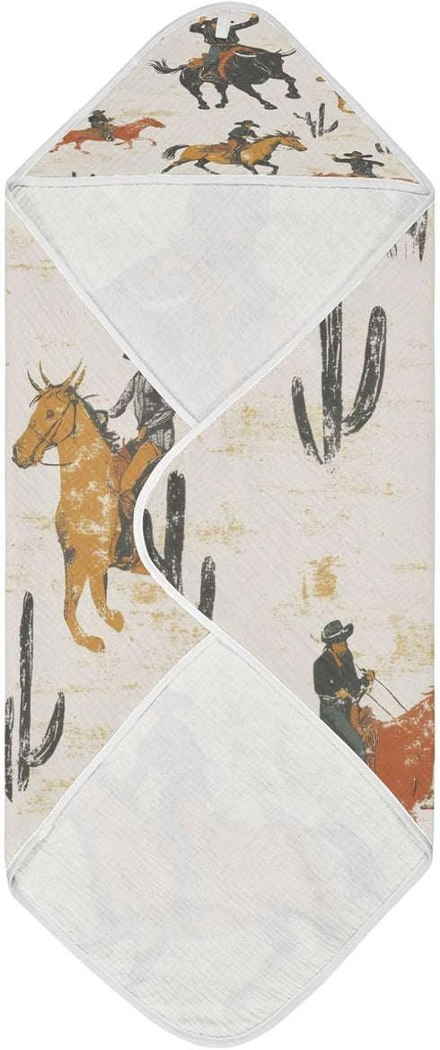 WELLDAY Western Cowboy Hooded Baby Bath Towels, Cotton Soft Hooded Towel for Babies