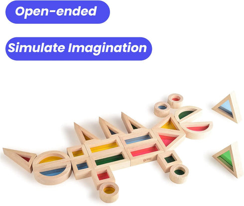 BOHS Rainbow Sensory Blocks (24 pcs) - Wooden Toddler Toys for Light Table/Sunny Window Play