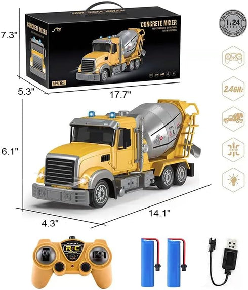 RC Cement Mixer Toy Truck for Boys, 6 Channel Remote Control Construction Toys with 2 Rechargeable Batteries