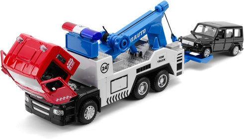 haomsj Toy Tow Truck - Pull Back Miniature Carrier Truck for Boys and Girls with Lights and Sound