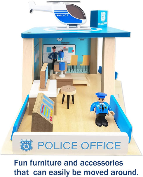 Wooden Police Station Playset Toy, Multicolor 3-Level Pretend Play Dollhouse Set with Figures