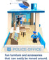 Wooden Police Station Playset Toy, Multicolor 3-Level Pretend Play Dollhouse Set with Figures