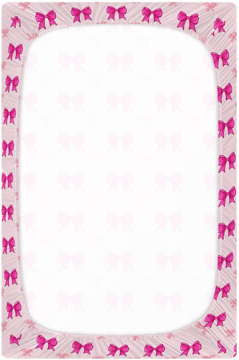 SDMKA 27x39 Inch Pink Bows Crib Sheets for Boys Girls - Portable Microfiber Fitted Crib Sheet for Playard and Mini Crib