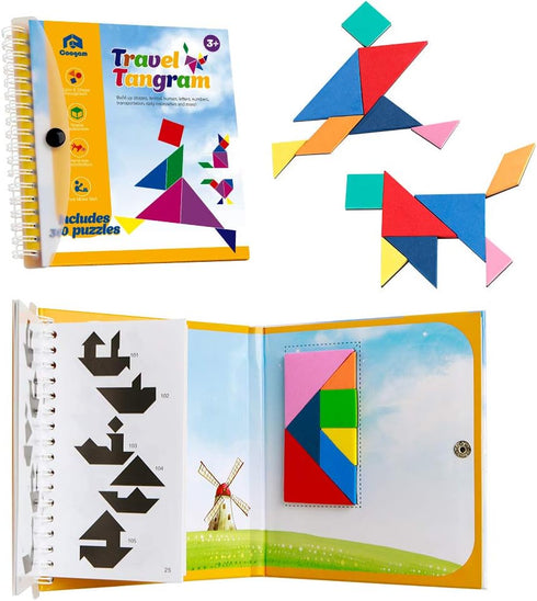 Travel Tangram Puzzle - Coogam Magnetic Pattern Block Book for Road Trip Game, IQ Educational Toy Gift