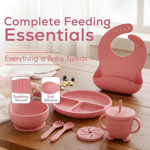 Happy Munchkins Set 9 Essentials-6+ Silicone Baby Feeding | PCS Baby Led Weaning Supplies Feeding Utensils | Divided