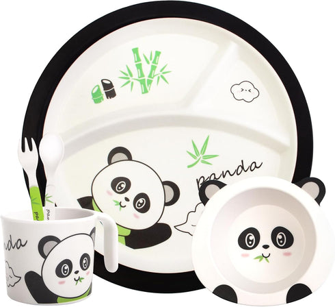 Bamboo Toddler Dinnerware Set, 5Pcs Baby Plates and Bowls, Christmas Kids Dishes Set with Plate, Bowl, Cup, Fork, and
