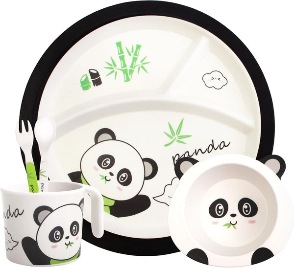 Bamboo Toddler Dinnerware Set, 5Pcs Baby Plates and Bowls, Christmas Kids Dishes Set with Plate, Bowl, Cup, Fork, and
