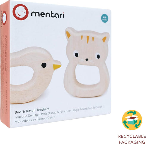 Toys - Bird & Kitten Teethers, 2pc Wooden Teething Toys for Babies, Natural Wood Animal Chew Toy for Sore Gums