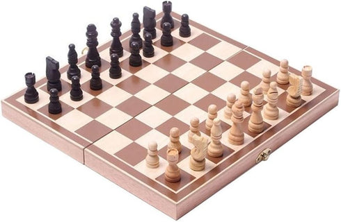 15" Classic Vintage Standard Folding Wooden Chess Set, Crafted Carved Foldable Game Board