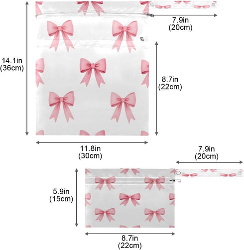 Haskirky 2 Pink Bows Ribbons Pcs Cloth Diaper Wet Dry Bags,Waterproof and Washable Bag for Travel Reusable Wet Bag