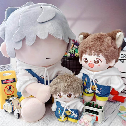 niannyyhouse White Hoodie & One Shoulder Denim Strap Pants for 10cm~15cm Plush Doll Outfit