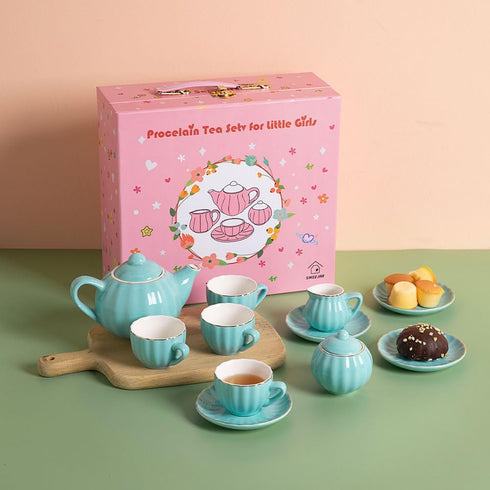 Sweejar Porcelain Tea Set for Little Girls, Kitchen Toys Tea Party Set for Kids, Includes Teapot, Cup & Saucer Set of 4